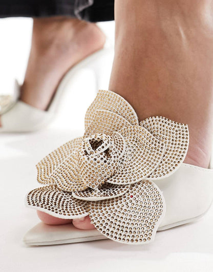 Public Desire Bridal Alexia mid heeled sandal with embellished flower in cream satin