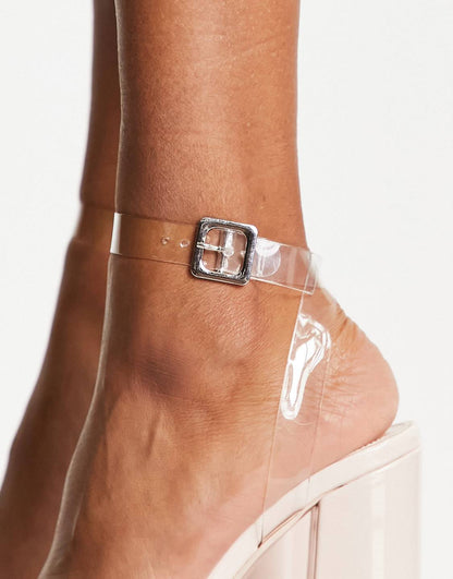 Public Desire Calla platform heeled sandals in beige patent