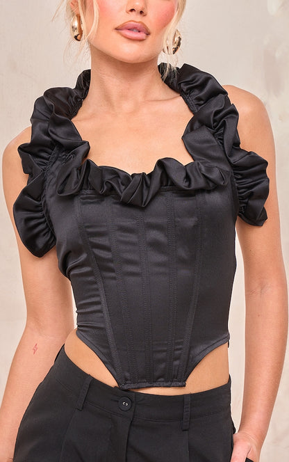 PRETTYLITTLETHING Black Satin Ruched Detail Halterneck Top