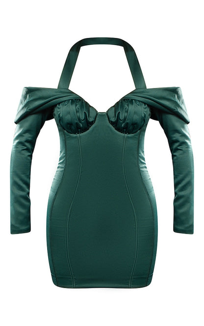 PRETTYLITTLETHING Premium Emerald Green Constructed Satin Draped Bardot Bodycon Dress
