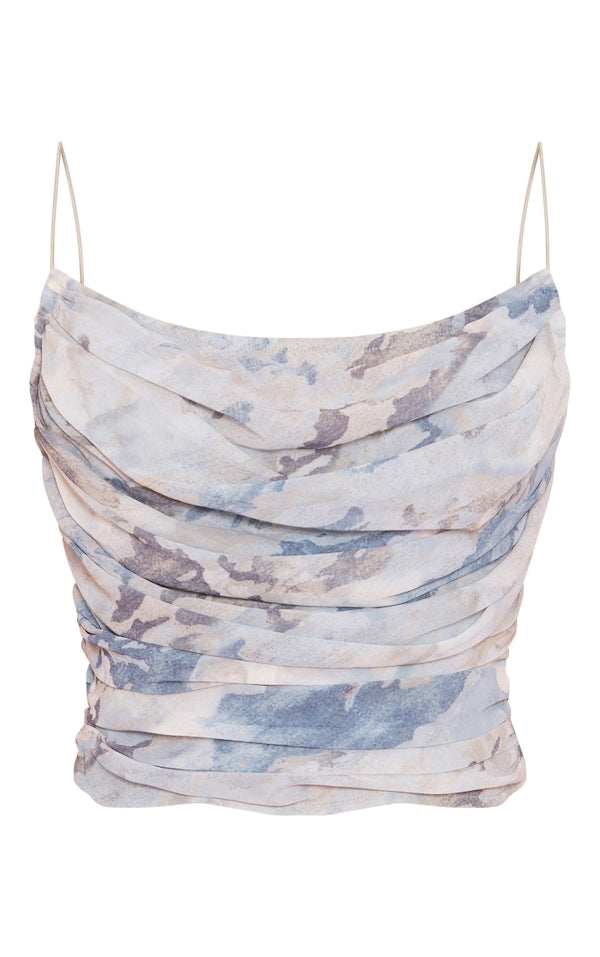 PRETTYLITTLETHING Light Grey Abstract Print Woven Ruched Spaghetti Strap Crop Top