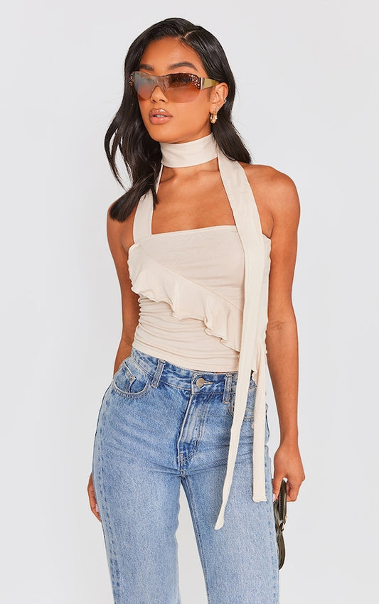 PRETTYLITTLETHING Stone Jersey Frill Scarf Detail Crop Top