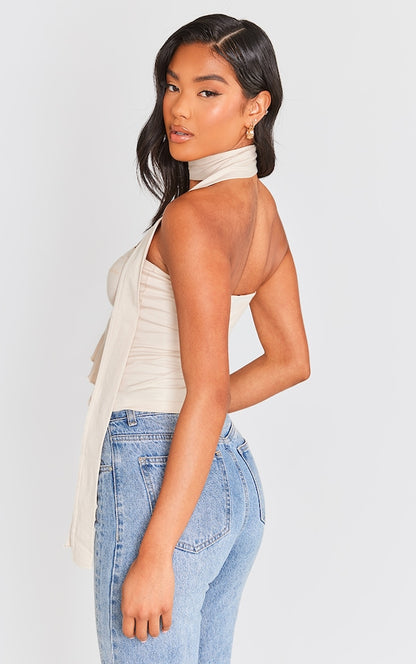 PRETTYLITTLETHING Stone Jersey Frill Scarf Detail Crop Top
