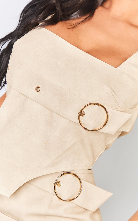 PRETTYLITTLETHING Petite Cream Faux Leather Buckle Detail Corset Top