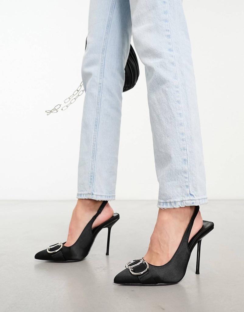 Public Desire Wide Fit Spicy heeled slingback shoes with hardware in black satin