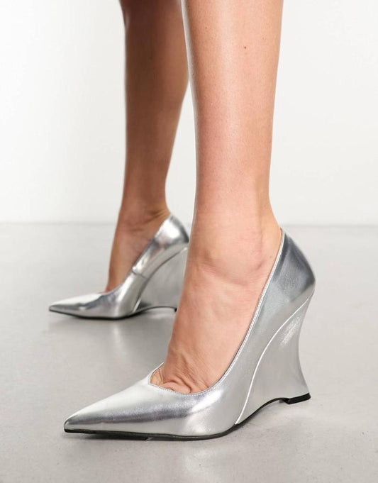Public Desire Betty angular heeled shoes in silver metallic