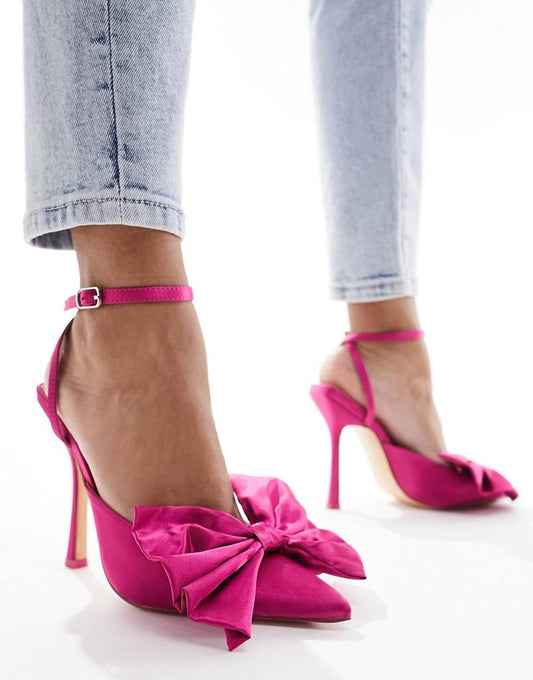 Public Desire Penelope bow detail satin heeled shoes in pink