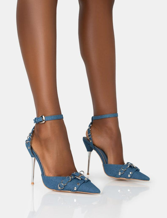 PUBLIC DESIRE PROWL BLUE DENIM STRAPPY METAL DETAILED SLINGBACK WRAP AROUND THE ANKLE POINTED COURT STILETTO HEELS