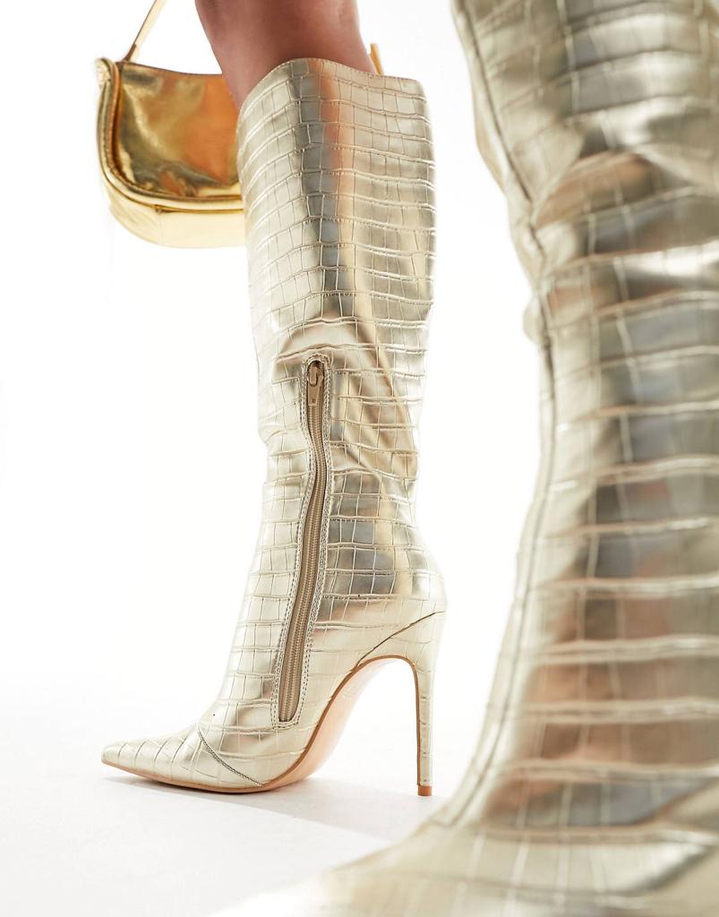 Public Desire Horizon heeled knee boot in gold croc