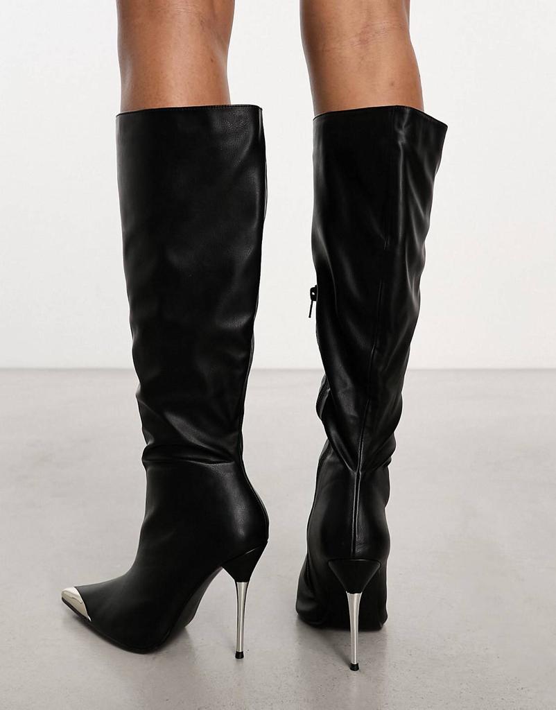 Public Desire Finery metal detail heeled knee boots in black pu