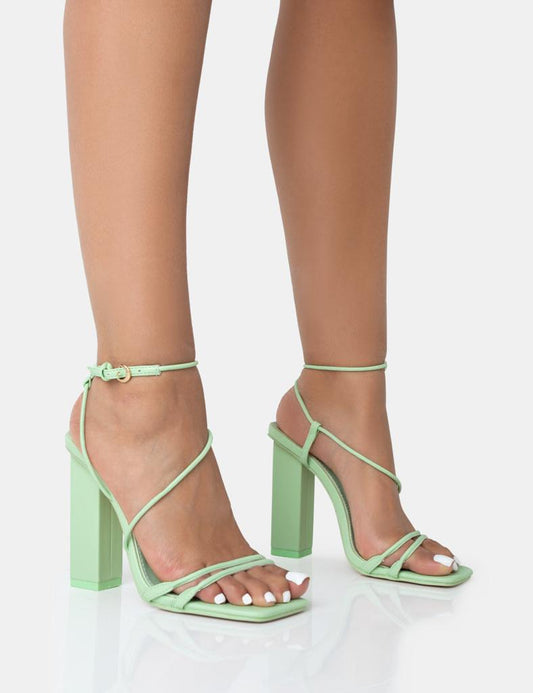 PUBLIC DESIRE MARLEY MINT GREEN PU STRAPPY BARELY THERE SQUARE TOE BLOCK HEELS
