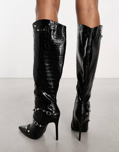 Public Desire Worthy buckle detail heeled boots in black croc