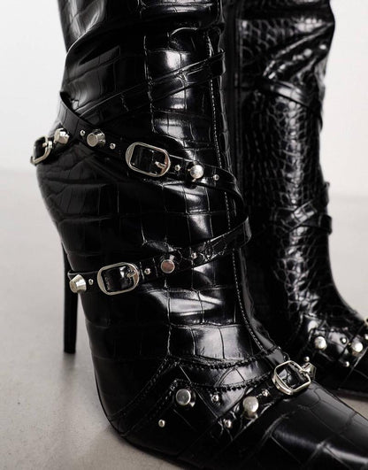 Public Desire Worthy buckle detail heeled boots in black croc