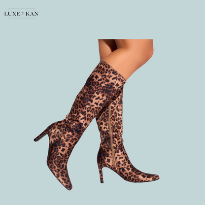 Public Desire Pose Leopard Zip Up Knee High Slim Block Heeled Boots