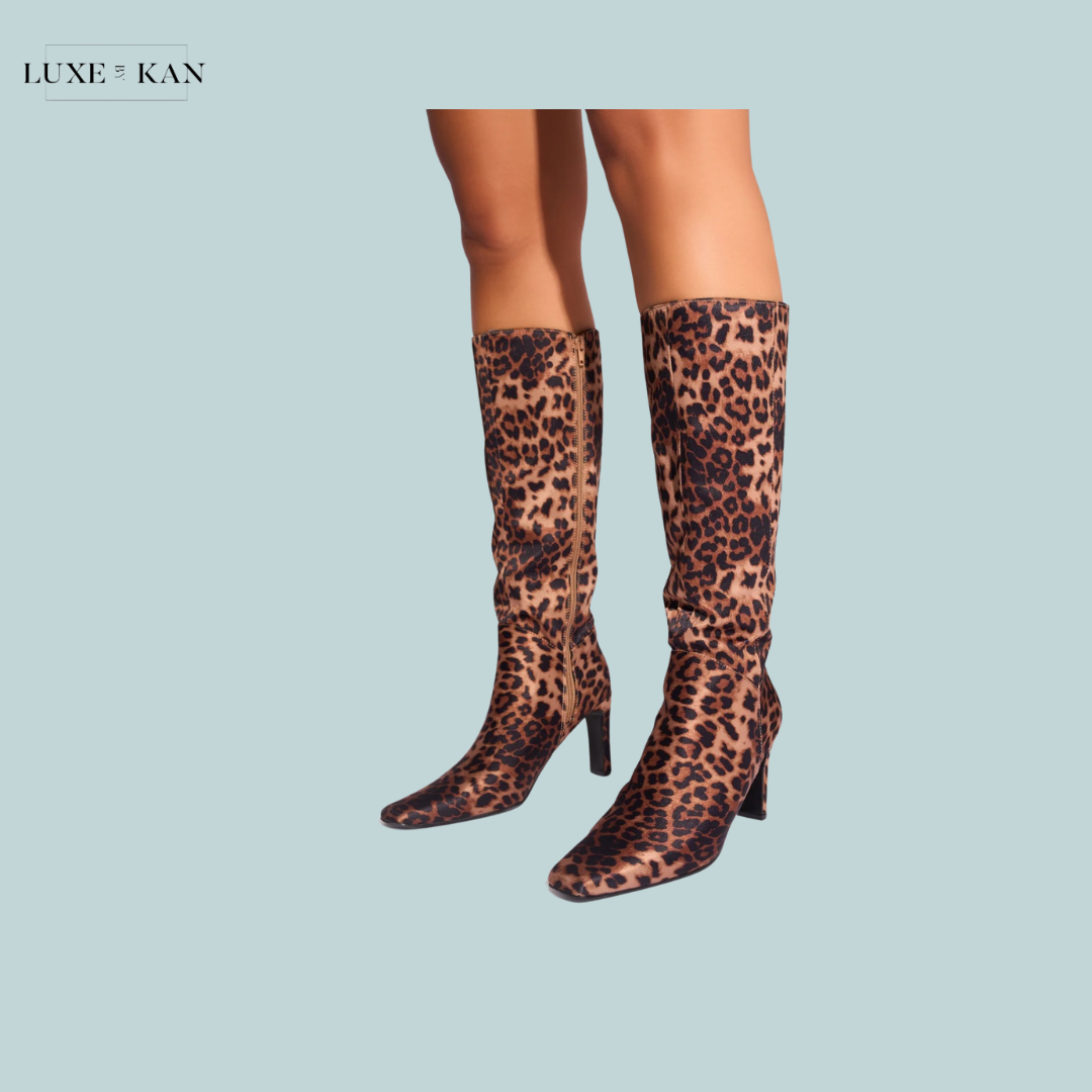 Public Desire Pose Leopard Zip Up Knee High Slim Block Heeled Boots