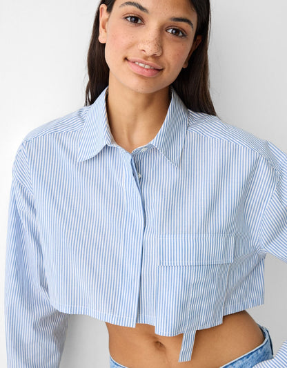 Bershka Long sleeve cropped poplin shirt with straps