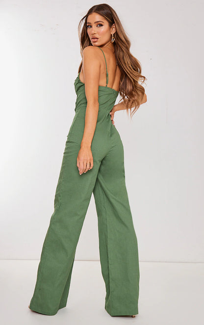 PRETTYLITTLETHING Khaki Woven V Bar Corset Detail Wide Leg Jumpsuit