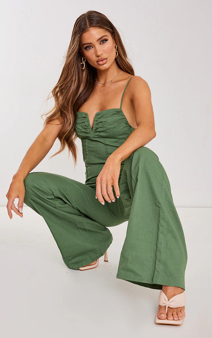 PRETTYLITTLETHING Khaki Woven V Bar Corset Detail Wide Leg Jumpsuit