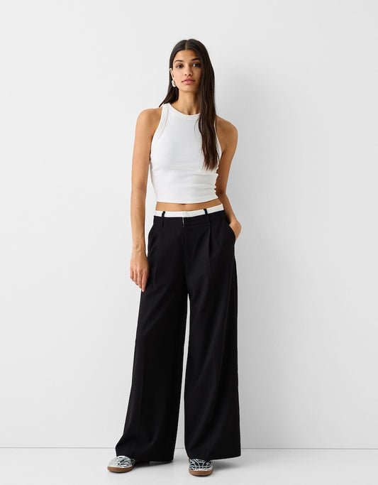 Bershka Wide-leg tailored fit trousers with contrast waist detail