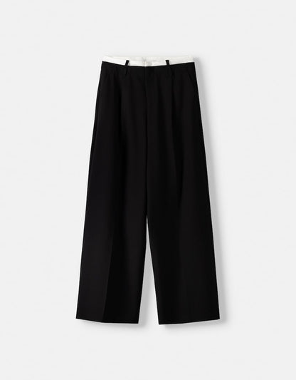 Bershka Wide-leg tailored fit trousers with contrast waist detail