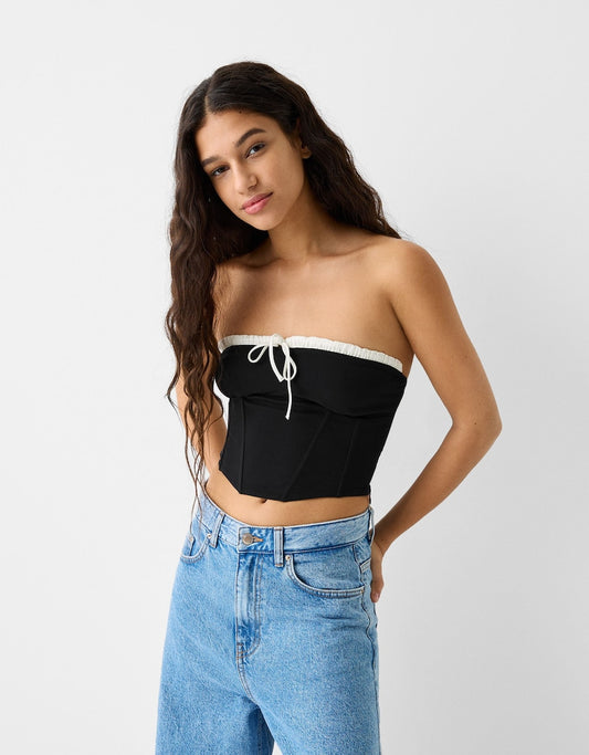 Bershka Bandeau top with contrast scalloped neckline