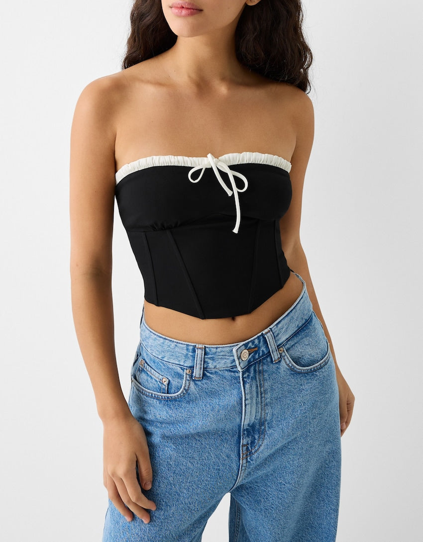 Bershka Bandeau top with contrast scalloped neckline