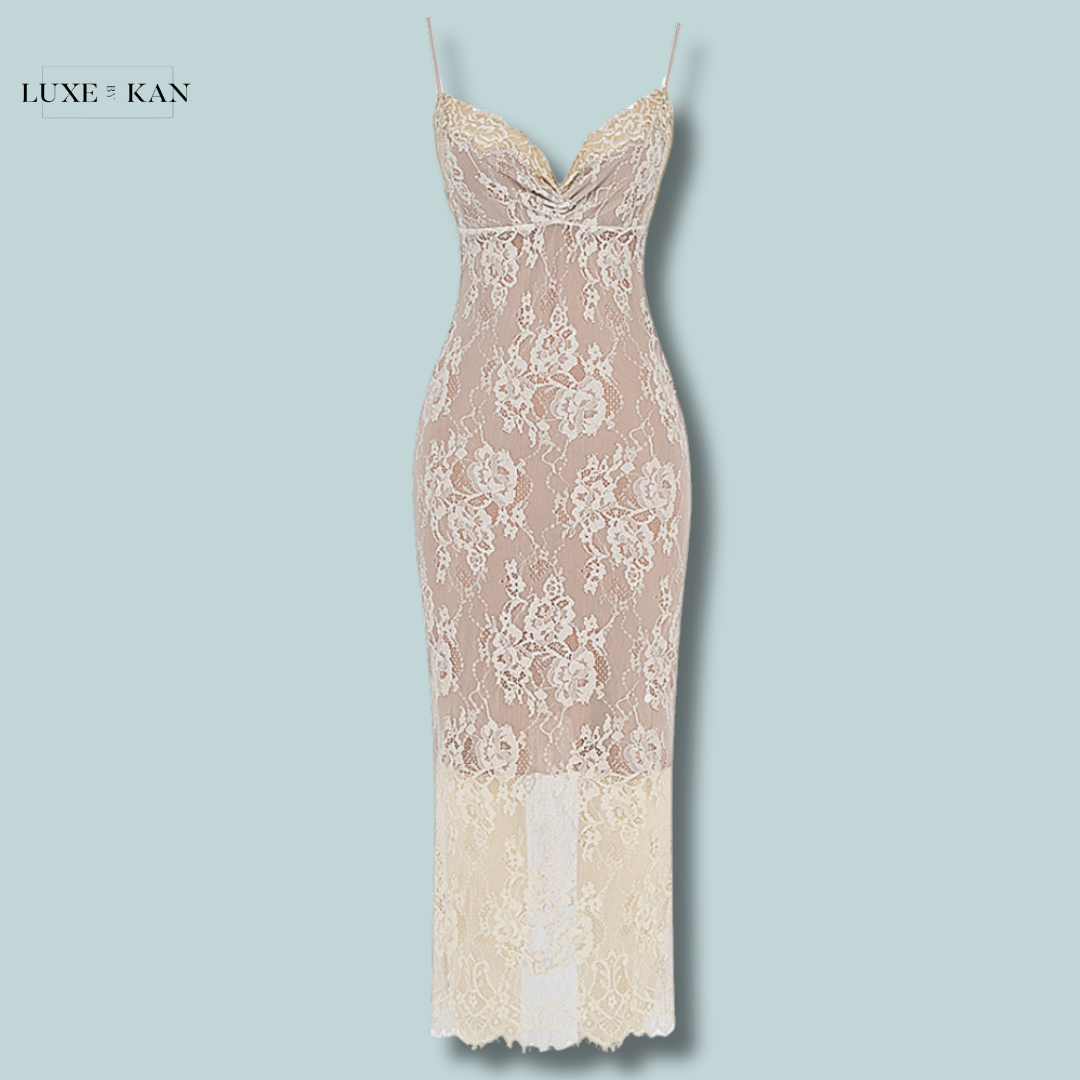 House of CB SERELLE 
ANTIQUE IVORY LACE MIDI DRESS