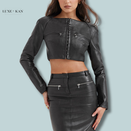 House of CB IONE
BLACK VEGAN LEATHER CROPPED TOP