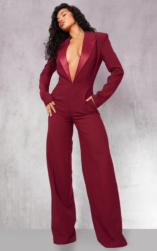 PRETTYLITTLETHING Cherry Red Tailored Satin Lapel Straight Leg Jumpsuit