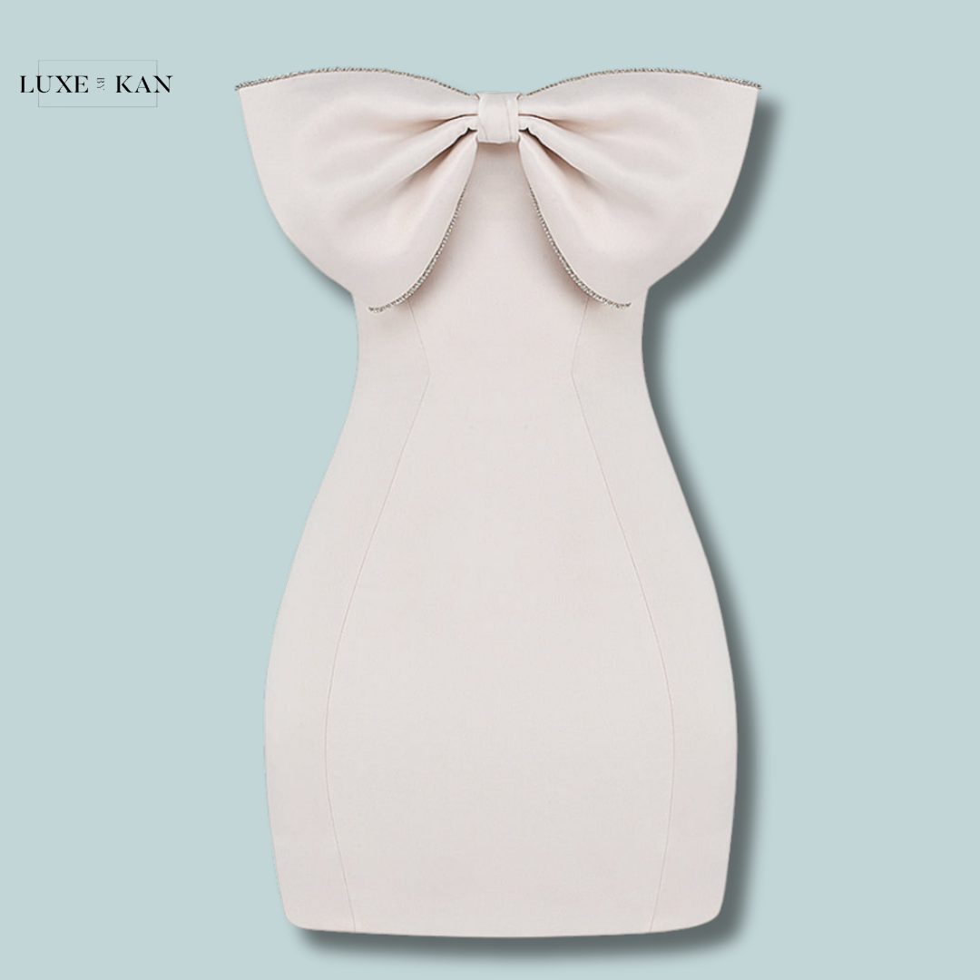 House of CB ARIELLA 
IVORY SATIN CRYSTAL EMBELLISHED BOW DRESS