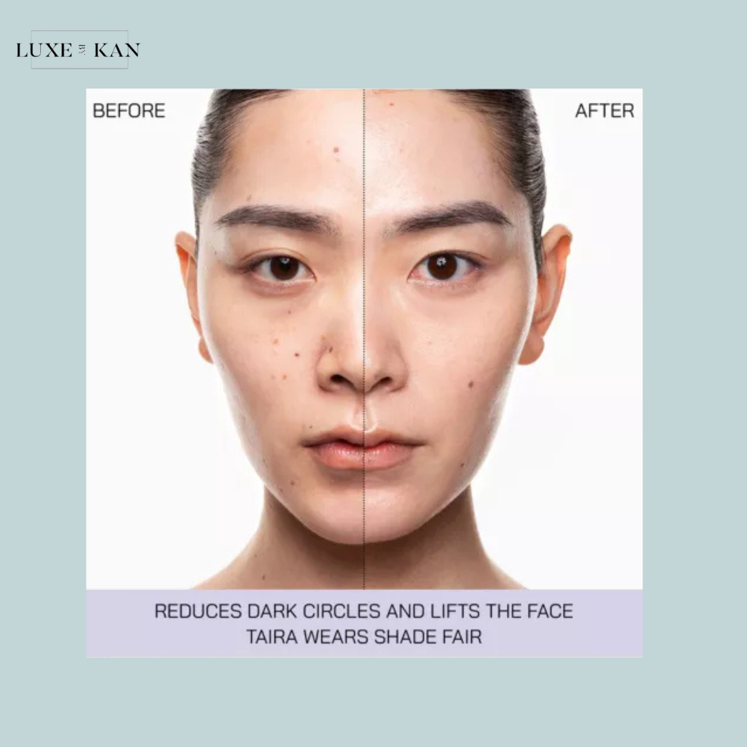A comparison image showing a face labeled "Before" and "After," highlighting dark circle reduction and facial lifting effects.