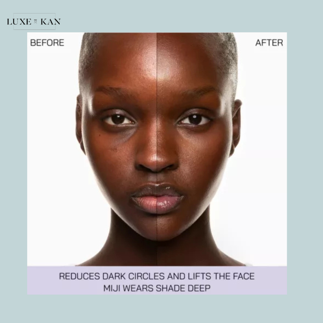 Split image showing 'before' and 'after' results of a product that reduces dark circles and enhances facial appearance.
