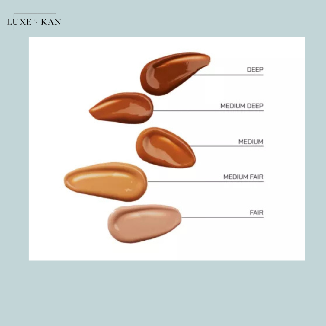 Five liquid foundation swatches labeled from top to bottom: Deep, Medium Deep, Medium, Medium Fair, and Fair.