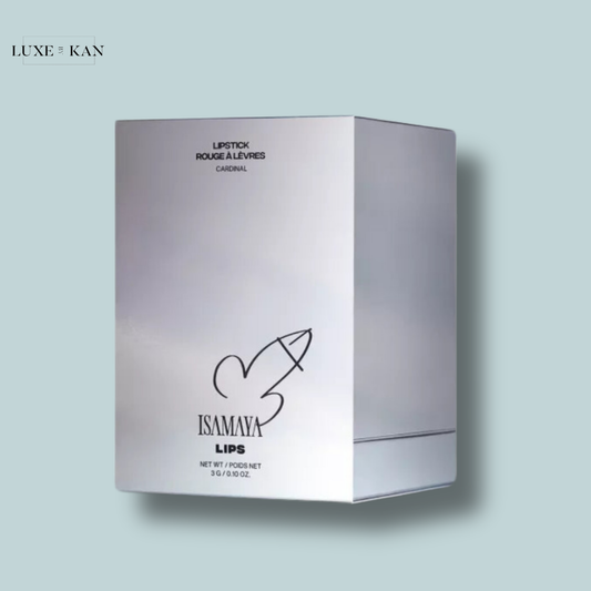 A sleek silver lipstick box labeled "ISAMAYA LIPS" and "CARDINAL," featuring a playful graphic and minimalist design.