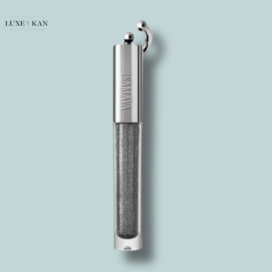 A sleek isamaya beauty silver iplacq lip serum tube filled with shimmering black gloss.