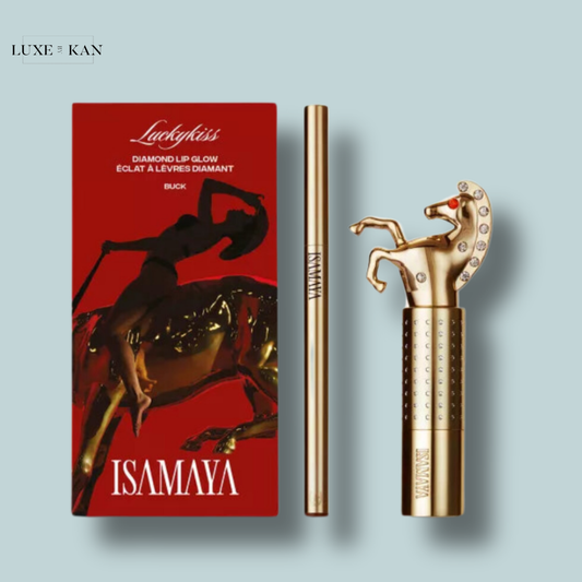 Luxurious Isamaya Luckykiss Diamond Lip Glow packaging with a gold wild star lipstick bullet shaped like a horse, accompanied by a slim lip liner.