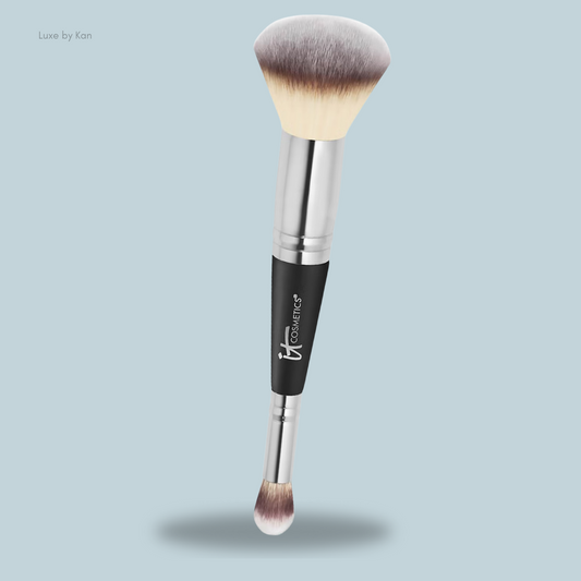 IT Cosmetics Heavenly Luxe Complexion Perfection Brush #7 featuring two brush heads on a black and silver handle.