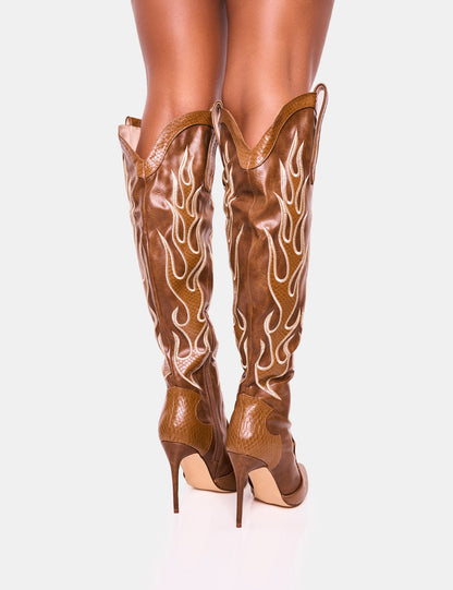 PUBLIC DESIRE JACKSONVILLE FLAME MOTIF WESTERN STILETTO HEELED OVER THE KNEE BOOT