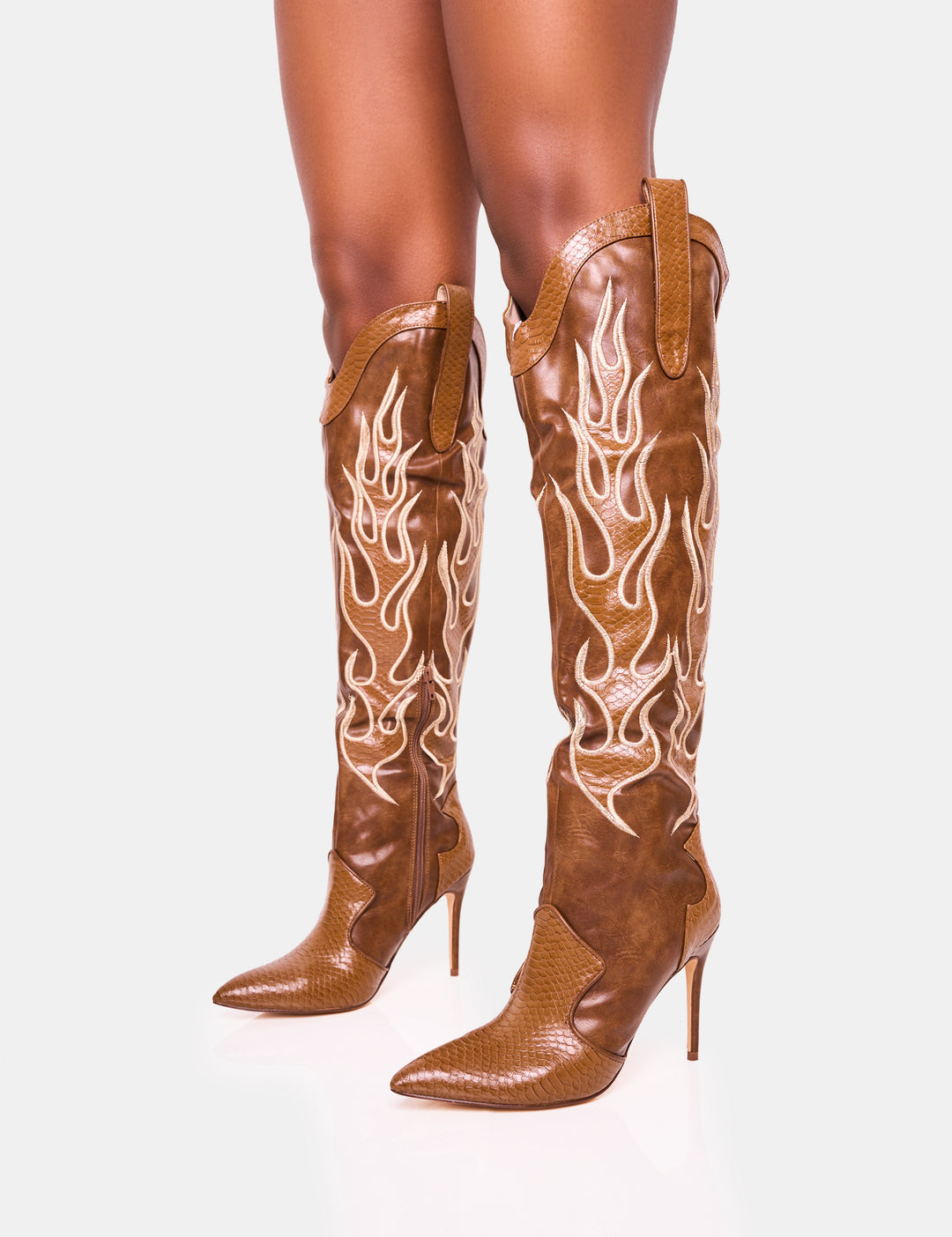 PUBLIC DESIRE JACKSONVILLE FLAME MOTIF WESTERN STILETTO HEELED OVER THE KNEE BOOT