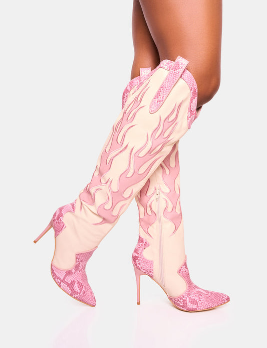 PUBLIC DESIRE JACKSONVILLE FLAME MOTIF WESTERN STILETTO HEELED OVER THE KNEE BOOT