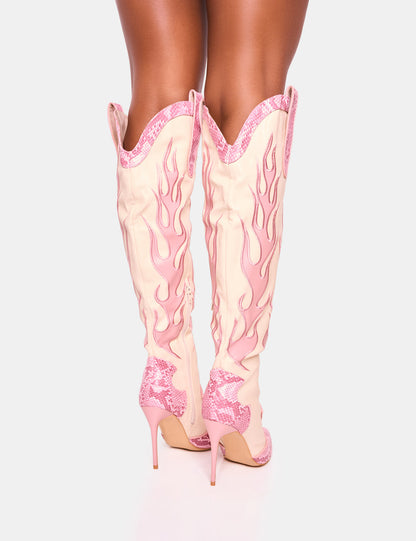 PUBLIC DESIRE JACKSONVILLE FLAME MOTIF WESTERN STILETTO HEELED OVER THE KNEE BOOT