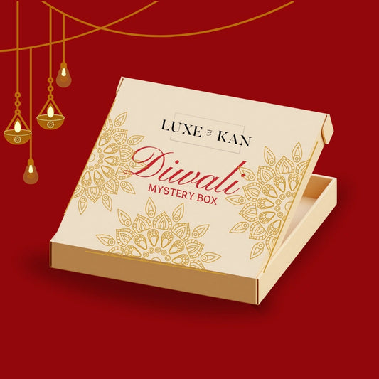 The LBK Diwali Mystery Box features festive designs with a mandala, Diwali lights, and the tagline 'Diwali Mystery Box.