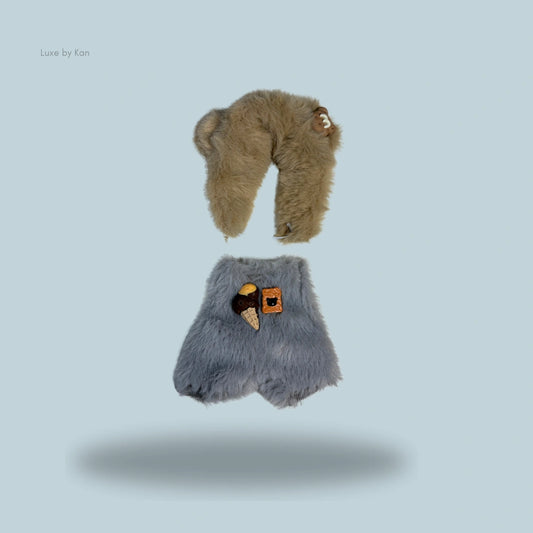 Two-piece Labubu fuzzy treats set including a fuzzy brown scarf with a "3" patch and fuzzy grey shorts with ice cream and sandwich patches.