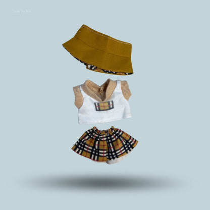Labubu London Prep style 3-piece outfit set: bucket hat, collared vest, and mini skirt.