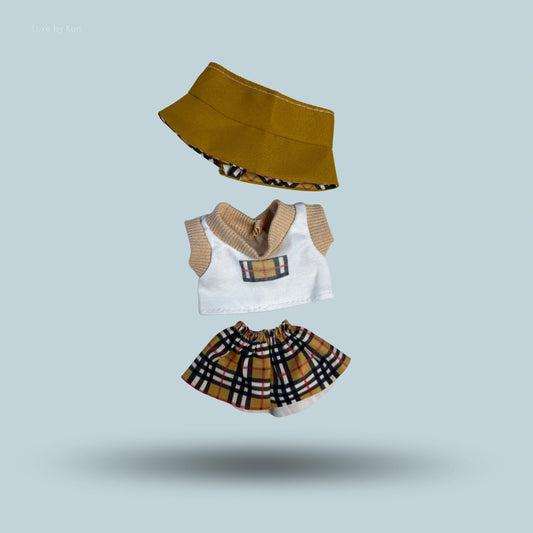 Labubu London Prep style 3-piece outfit set: bucket hat, collared vest, and mini skirt.