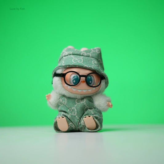 Labubu Signature Streetwear 2-Piece Set featuring black glasses and a mischievous grin with sharp fangs on display.