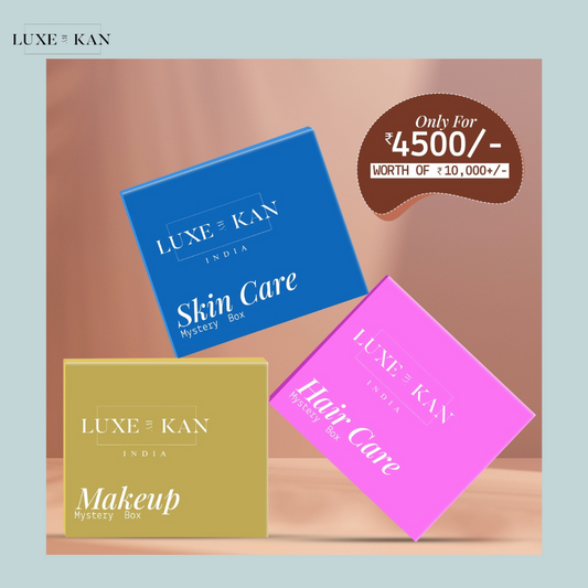 Three Luxe Kan mystery boxes for skincare, makeup, and haircare. Sale price ₹4,500/-. Original value ₹10,000/-.