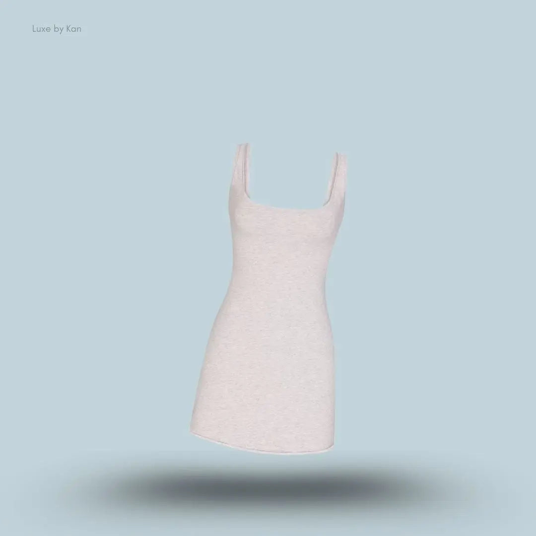 SKIMS Cotton Jersey Mini Dress in Light Heather Grey, flat lay on light blue background