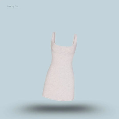 SKIMS Cotton Jersey Mini Dress in Light Heather Grey, flat lay on light blue background
