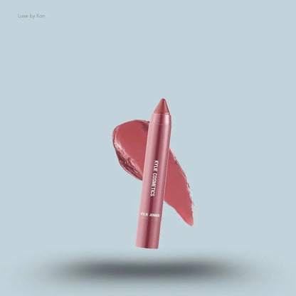 Kylie Cosmetics Matte Lip Crayon stick and swatch on blue background — Luxe by Kan India